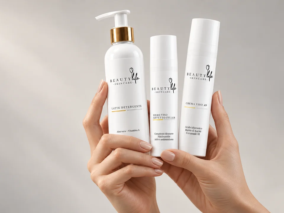 Latte Detergente, Siero Viso effetto Filler e Crema Viso 4D Beauty Life tenuti in mano
